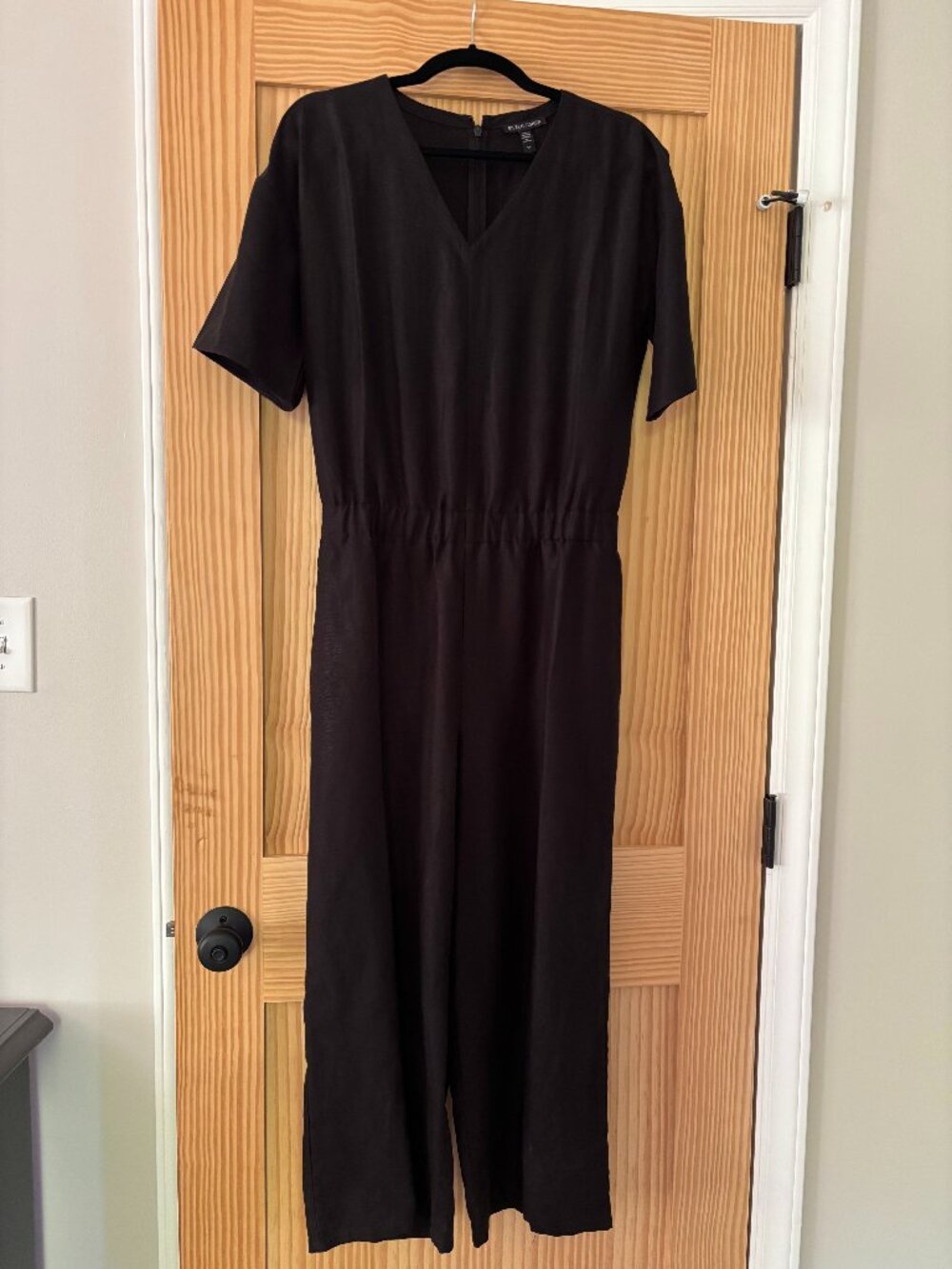 Eileen Fisher Black Linen Jumpsuit Pockets Short Sleeves